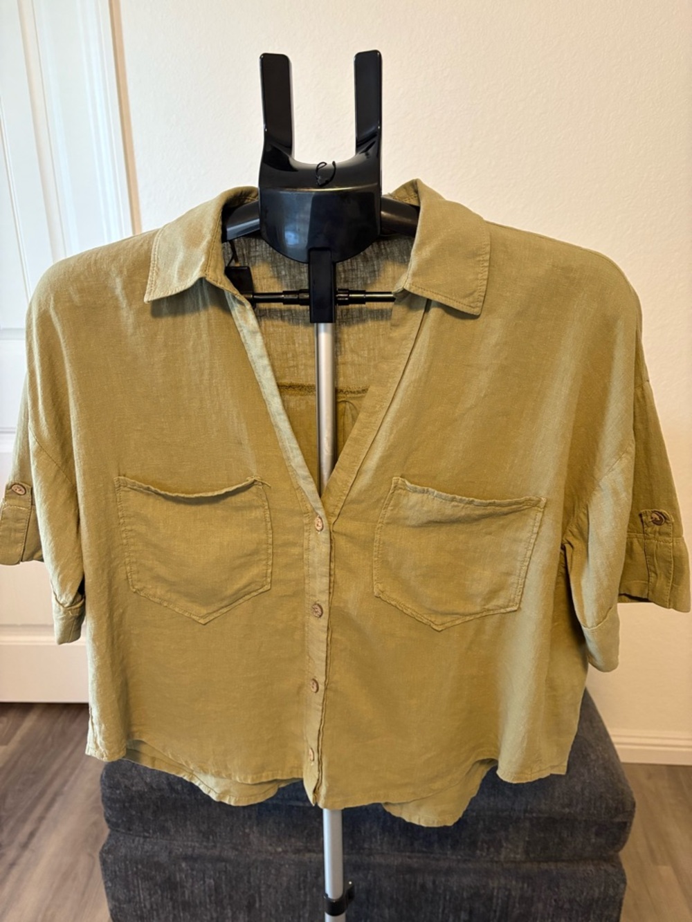 Zara Olive Green Short Sleeve Button Down Shirt